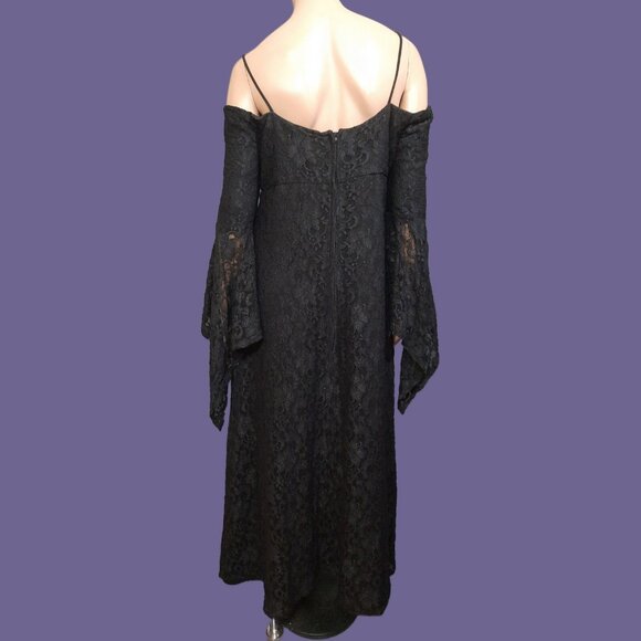 Gothic Witchy Medieval Maxi Dress M Long Bell Sleeves Black Lace Evening Wedding - Picture 8 of 12